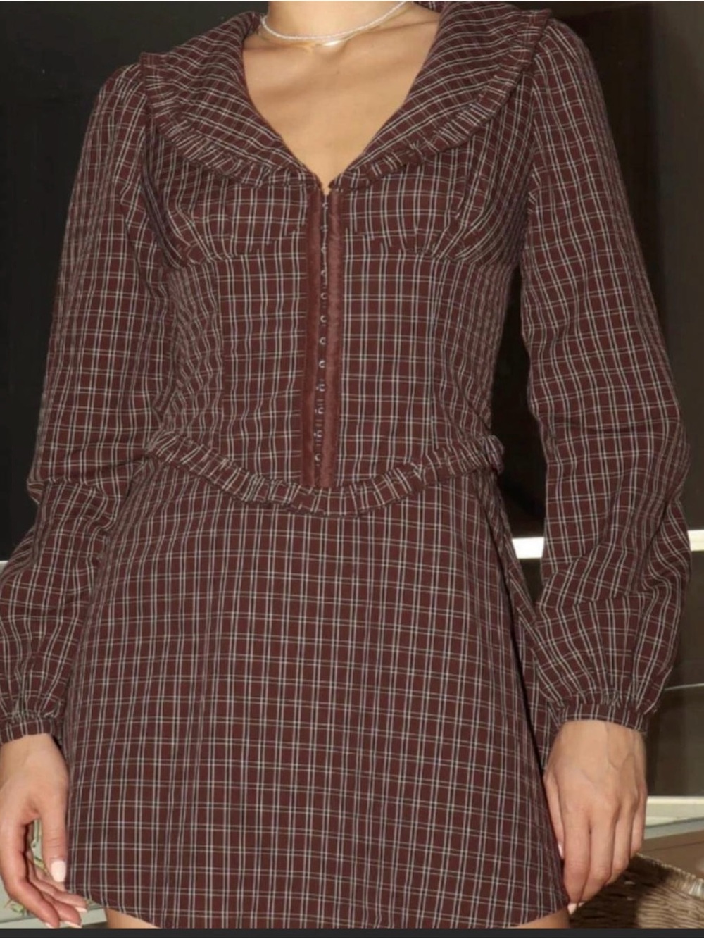 Bailey Rose - Plaid Ruffle-Trim Mini Dress in Brown